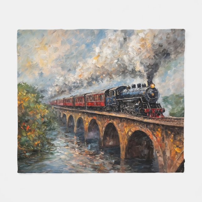 Steam Train on a Bridge - Oil Painting Fleece Blanket (Front (Horizontal))