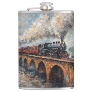 Steam Train on a Bridge - Oil Painting Hip Flask