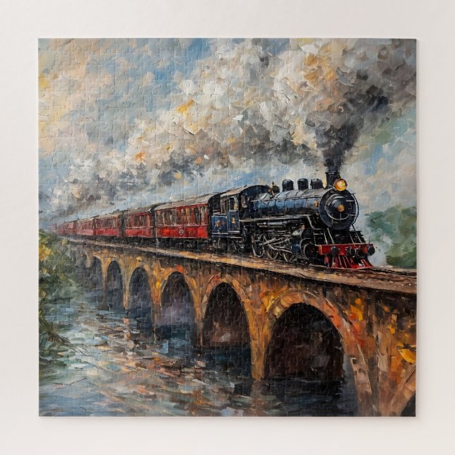 Steam Train on a Bridge - Oil Painting Jigsaw Puzzle (Vertical)