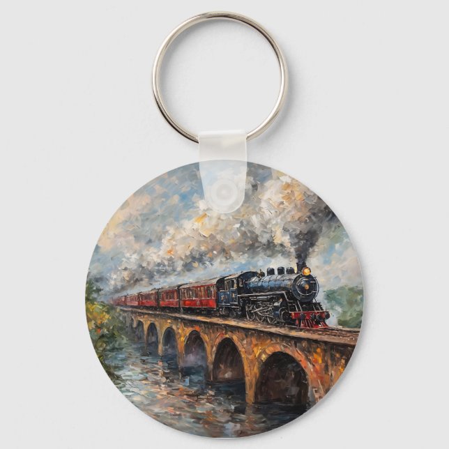 Steam Train on a Bridge - Oil Painting Key Ring (Front)