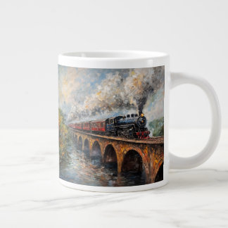 Steam Train on a Bridge - Oil Painting Large Coffee Mug
