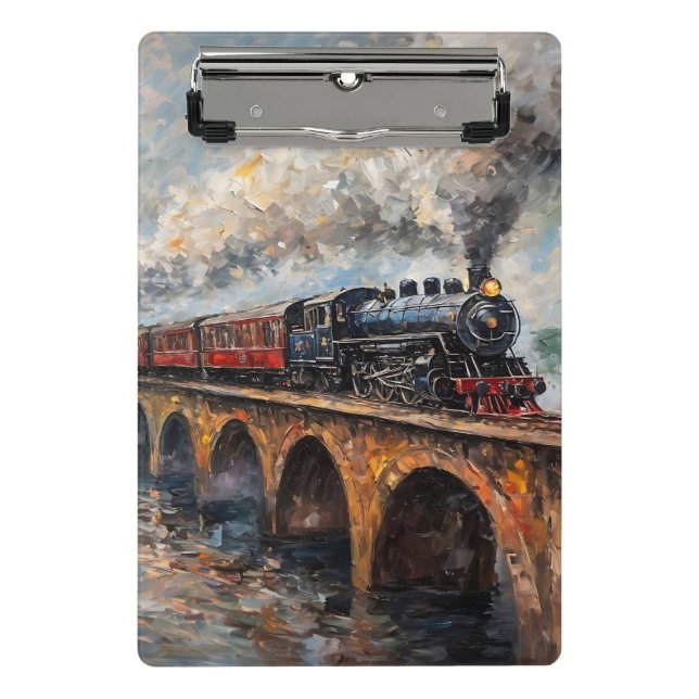 Steam Train on a Bridge - Oil Painting Mini Clipboard (Front)