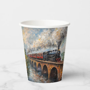 Steam Train on a Bridge - Oil Painting Paper Cups