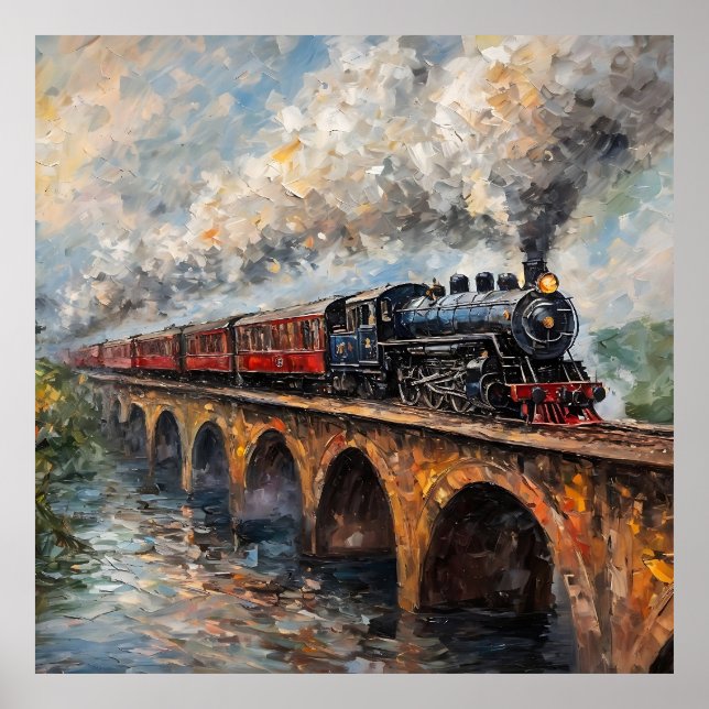 Steam Train on a Bridge - Oil Painting Poster (Front)