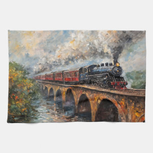 Steam Train on a Bridge - Oil Painting Tea Towel