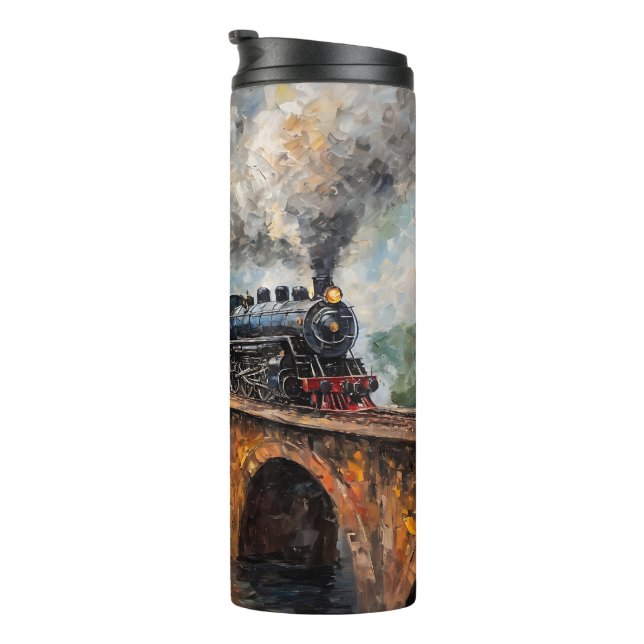 Steam Train on a Bridge - Oil Painting Thermal Tumbler (Rotated Right)