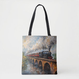 Steam Train on a Bridge - Oil Painting Tote Bag