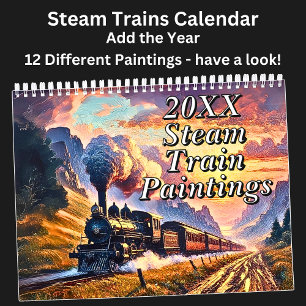 Steam Train Paintings, 12 Different, Calendar