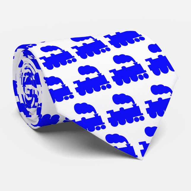 Steam Train Pattern - Blue on White Tie (Rolled)