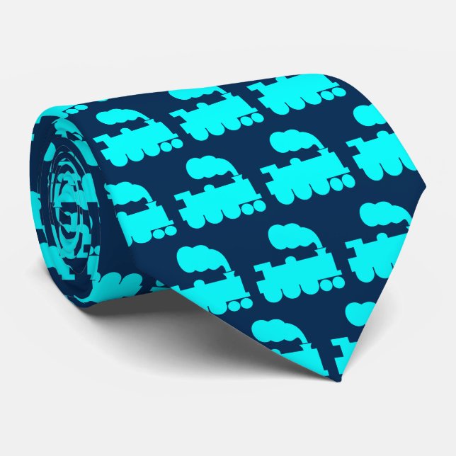 Steam Train Pattern - Cyan with Dark Blue 002750 Tie (Rolled)