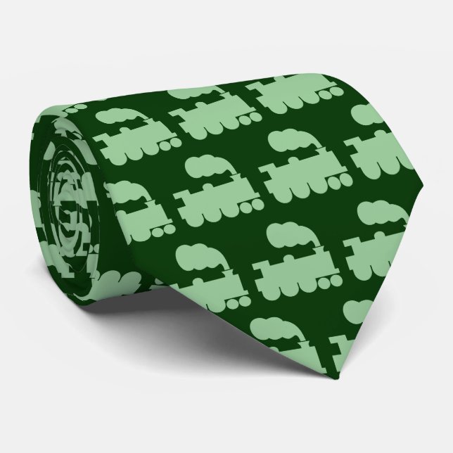 Steam Train Pattern - Faded Green on Dark Green Tie (Rolled)