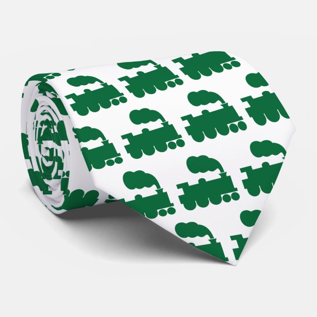 Steam Train Pattern - Forest Green on White Tie (Rolled)