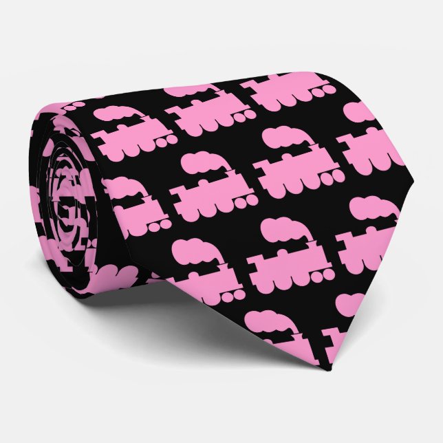 Steam Train Pattern - Pink on Black Tie (Rolled)