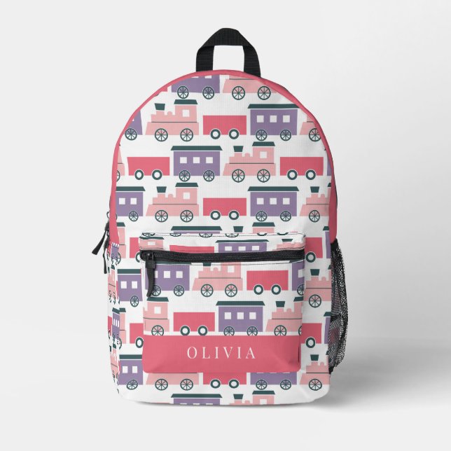 Steam Train Pattern Pink & Purple Girl Printed Backpack (Front)