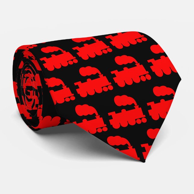Steam Train Pattern - Red on Black Tie (Rolled)