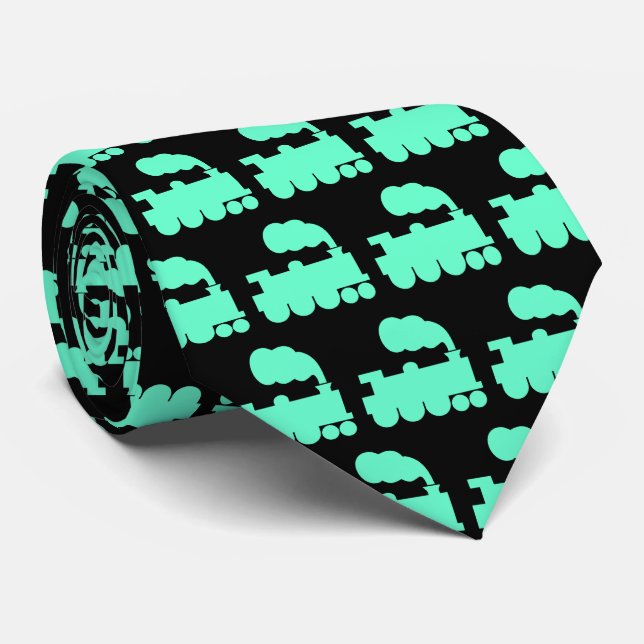 Steam Train Pattern - Turquoise on Black Tie (Rolled)