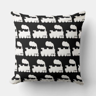 Steam Train Pattern - White on Black Cushion