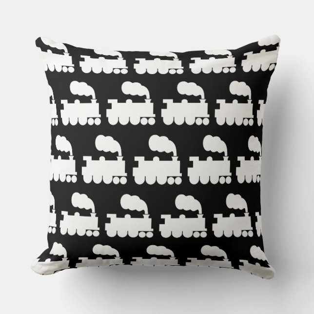 Steam Train Pattern - White on Black Cushion (Front)