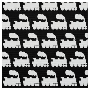 Steam Train Pattern - White on Black Fabric
