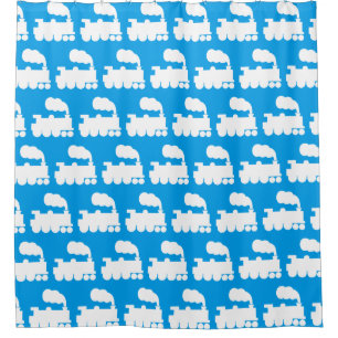 Steam Train Pattern - White on Blue Shower Curtain