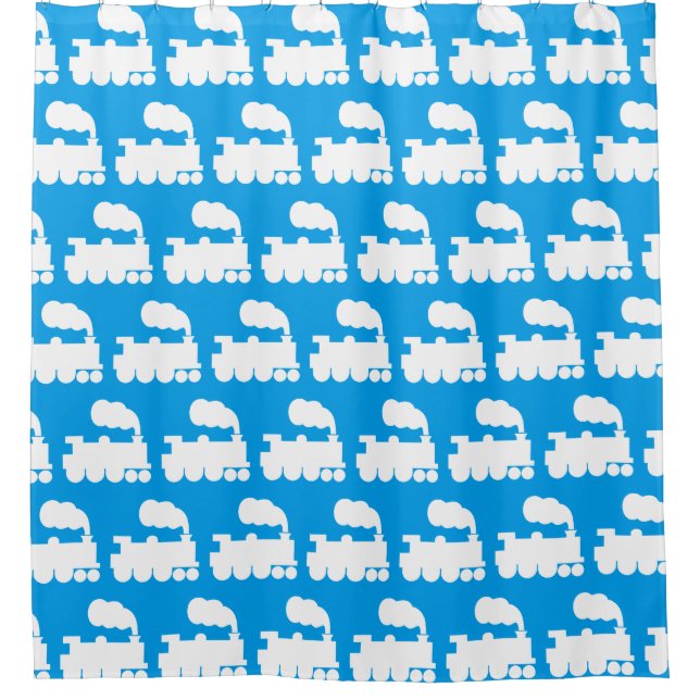 Steam Train Pattern - White on Blue Shower Curtain (Front)