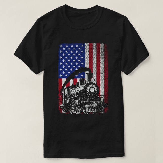 Steam Train Railroad Usa American Flag Locomotive  T-Shirt (Design Front)