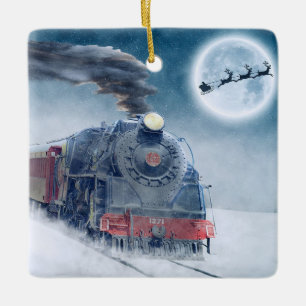Steam Train & Reindeer Ceramic Ornament