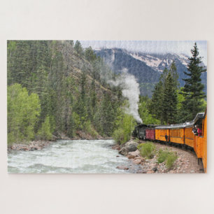 Steam train, river and mountains, Colorado  Jigsaw Puzzle