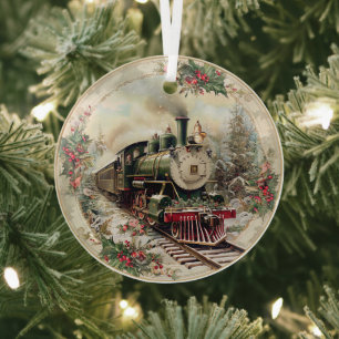 Steam Train Through Snowy Pines Glass Tree Decoration
