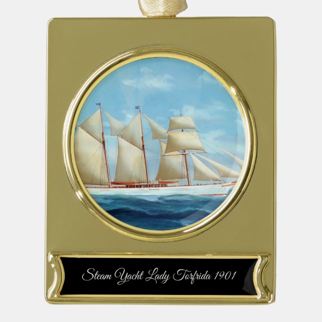 Steam Yacht Lady Torfrida 1910 Gold Plated Banner Ornament (Front)