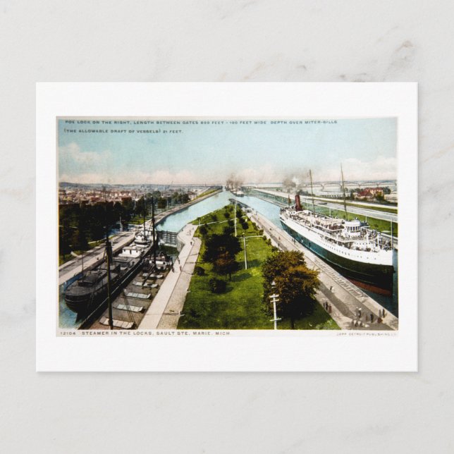 Steamer in the Locks, Sault Ste.Marie, Michigan Postcard (Front)