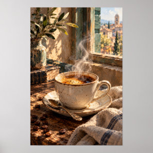 Steaming Coffee by a Sunlit Window – Rustic Mornin Poster