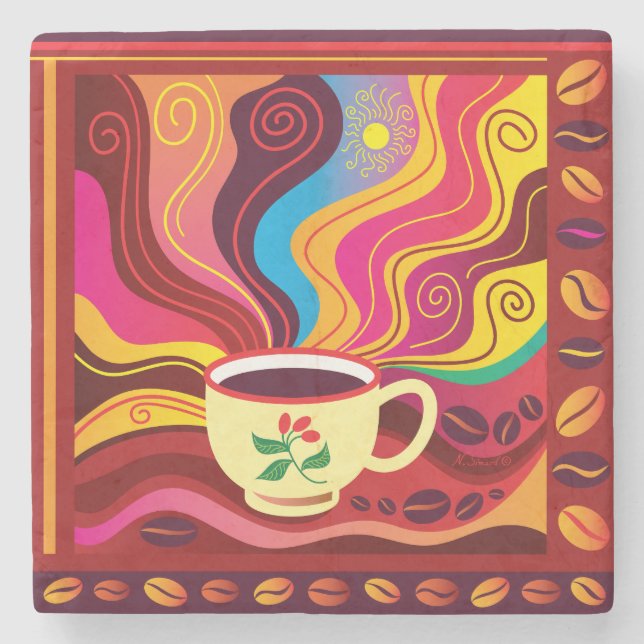 Steaming Coffee Cup Pattern Stone Coaster (Front)