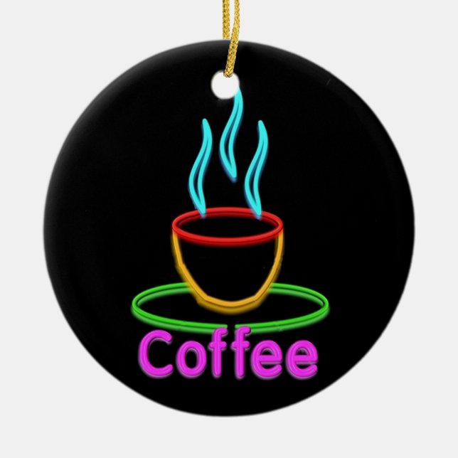 Steaming Cup of Neon Coffe Ceramic Tree Decoration (Front)