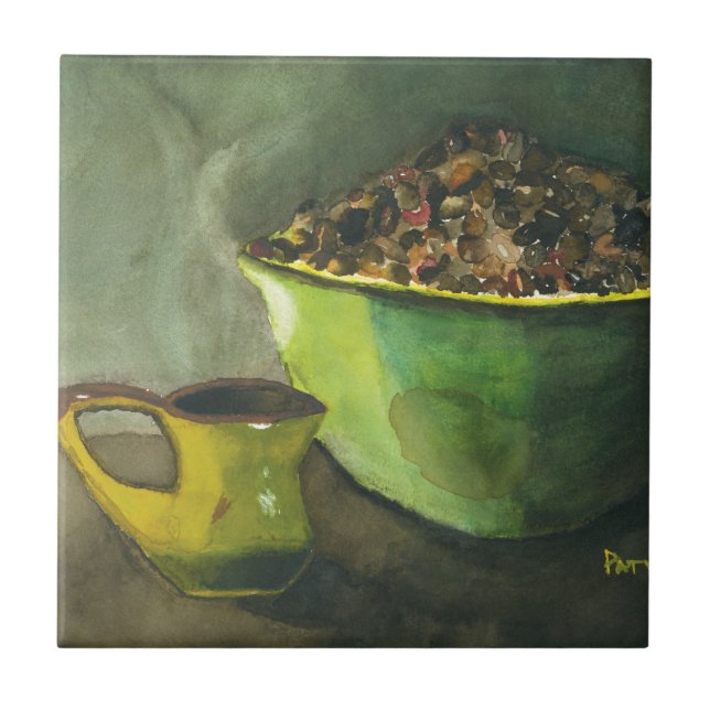 Steaming Morning Cup of Coffee Bowl Coffee Beans Tile (Front)