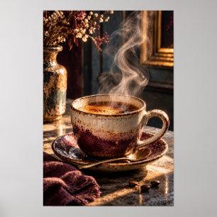 Steaming Rustic Coffee Cup – Cosy Morning Coffee W Poster