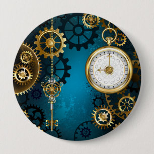 Steampun turquoise Background with Gears 10 Cm Round Badge