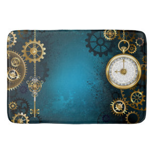 Steampun turquoise Background with Gears Bath Mat