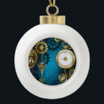 Steampun turquoise Background with Gears Ceramic Ball Christmas Ornament<br><div class="desc">Turquoise,  textured,  steampunk background with brass and gold gears,  a silver key and the clock. Steampunk style.</div>