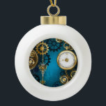 Steampun turquoise Background with Gears Ceramic Ball Christmas Ornament<br><div class="desc">Turquoise,  textured,  steampunk background with brass and gold gears,  a silver key and the clock. Steampunk style.</div>