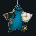 Steampun turquoise Background with Gears Ceramic Tree Decoration<br><div class="desc">Turquoise,  textured,  steampunk background with brass and gold gears,  a silver key and the clock. Steampunk style.</div>
