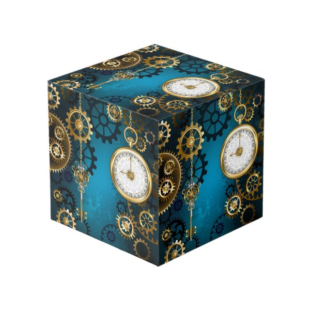 Steampun turquoise Background with Gears Cube (Front Angled)