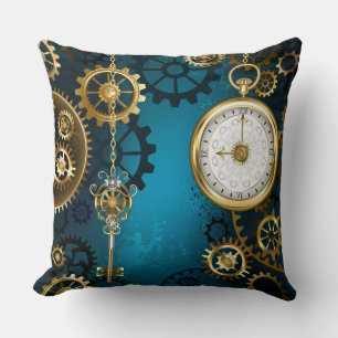 Steampun turquoise Background with Gears Cushion
