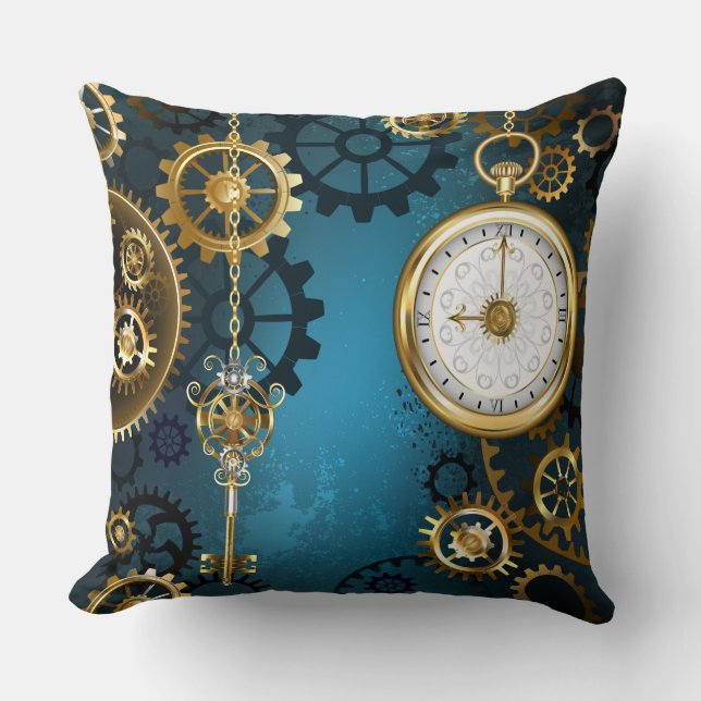Steampun turquoise Background with Gears Cushion (Front)
