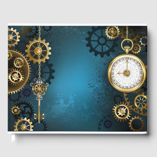 Steampun turquoise Background with Gears Guest Book (Front)