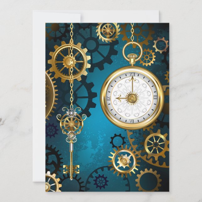 Steampun turquoise Background with Gears Invitation (Front)
