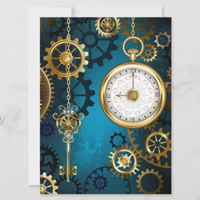 Steampun turquoise Background with Gears Invitation (Front)