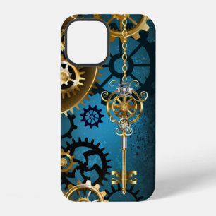 Steampun turquoise Background with Gears iPhone 12 Case