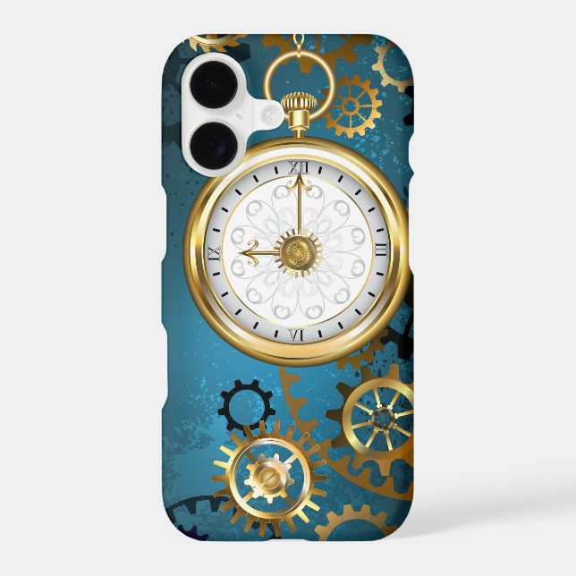 Steampun turquoise Background with Gears iPhone Case (Back)
