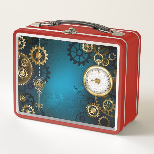 Steampun turquoise Background with Gears Metal Lunch Box (Front)